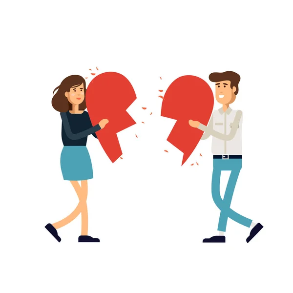 Conjunto de ilustración vectorial de pareja enamorada, familia, relación. La mujer joven y el hombre sostienen mitades del corazón. Ilustración conceptual . — Vector de stock