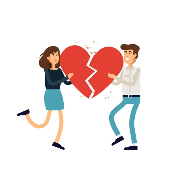 Vector illustratie set van paar verliefd, familie, relatie. Jonge vrouw en man houden de helft van het hart vast. Concept illustratie. — Stockvector