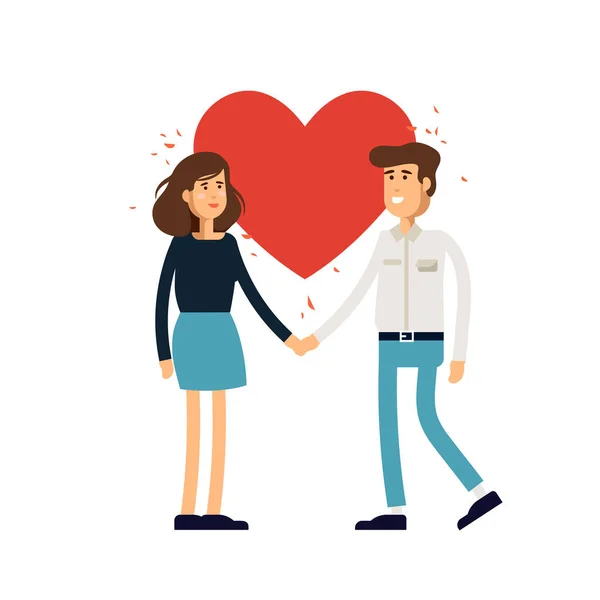 Vektor illustration uppsättning par i kärlek, familj, relation. Ung kvinna och man håller halvor av hjärtat. Begreppet illustration. — Stock vektor