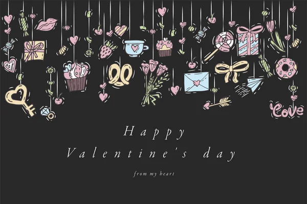 Dessin vectoriel à la main pour carte de vœux Happy Valentines. Typographie et icône pour fond de Saint-Valentin, bannières ou affiches et autres imprimés. Éléments de design Love . — Image vectorielle