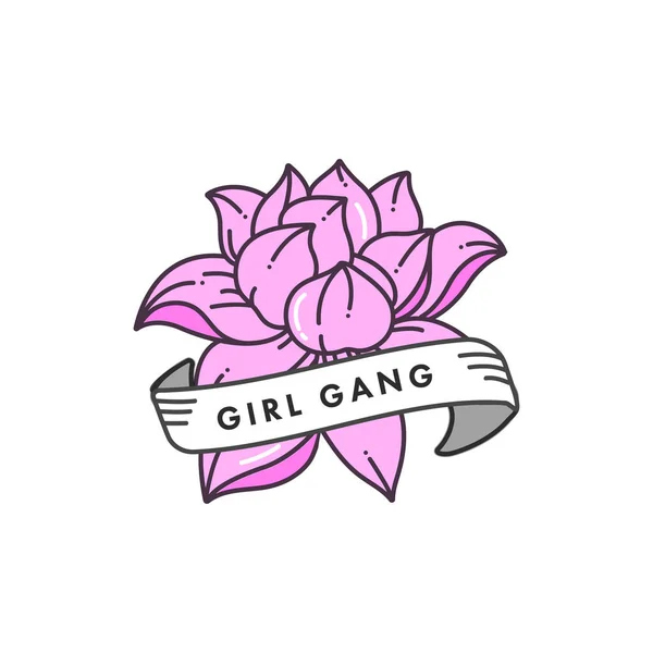 Una cita de poder femenino. Ilustración vectorial de flor de loto con cinta. Eslogan Feminismo . — Vector de stock