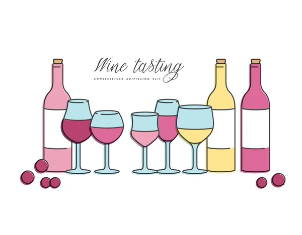 Conceito vetorial de degustação de vinhos para bar ou restaurante. Diferentes tipos de copos e garrafas de vinho . — Vetor de Stock