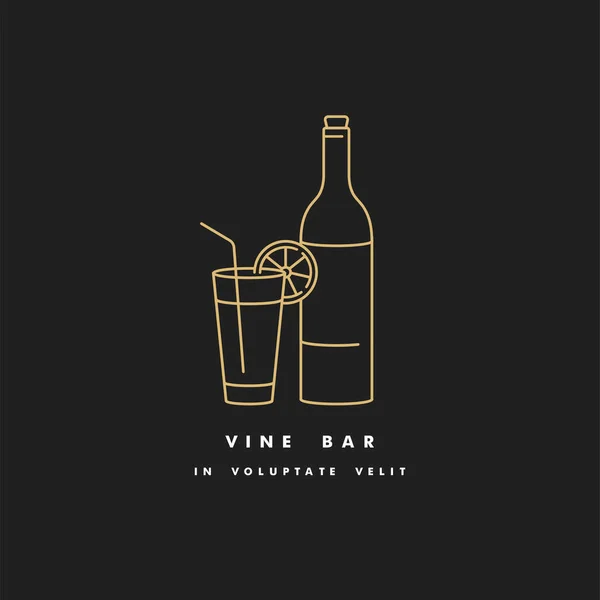 Ilustración lineal vectorial de botella de vino con copa. Signo de logotipo de bar de vino. Color dorado . — Archivo Imágenes Vectoriales