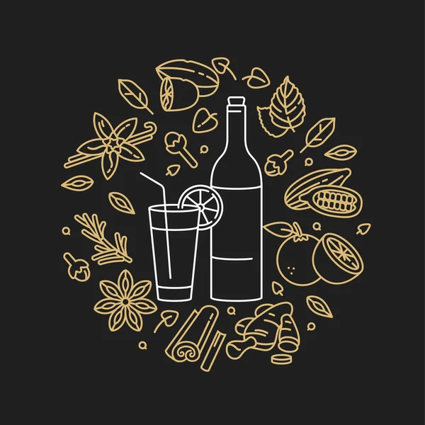 Ilustración lineal vectorial de vino caliente con vidrio e ingredientes. Diferentes especias-barra de canela, clavo de olor y rodajas de cítricos. Aislado sobre fondo negro. Color dorado . — Vector de stock