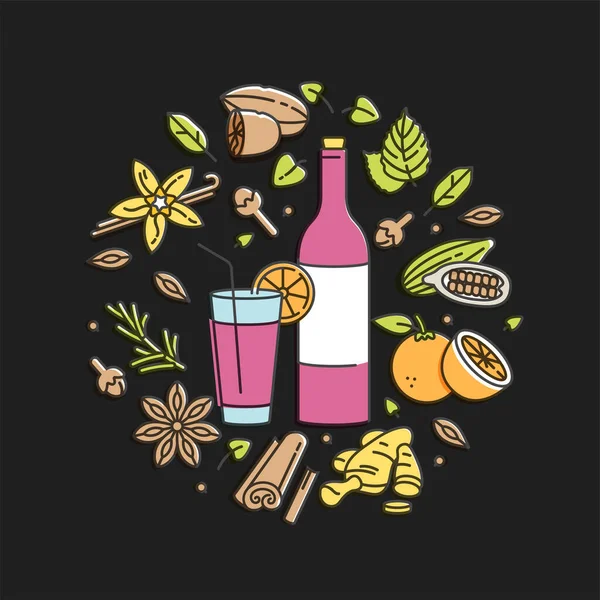 Vektor linjär illustration av glögg med glas och ingredienser. Olika kryddor-kanelstänger, kryddnejlika och citrusskivor. Isolerad på svart bakgrund. — Stock vektor