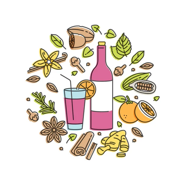 Ilustración lineal vectorial de vino caliente con vidrio e ingredientes. Diferentes especias-barra de canela, clavo de olor y rodajas de cítricos. Aislado sobre fondo blanco . — Vector de stock