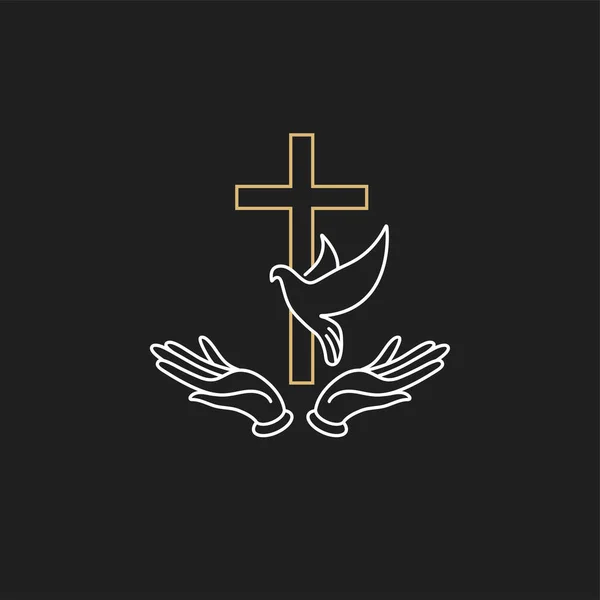 Векторная иллюстрация христианского символа Иисуса Христа - крест с руками и летающим голубем. Логотип религии. Золотой цвет . — стоковый вектор
