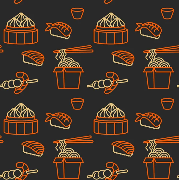 Plantilla de diseño de patrón vectorial comida asiática: fideos, dim sum, sopa, sushi. Icono lineal . — Vector de stock