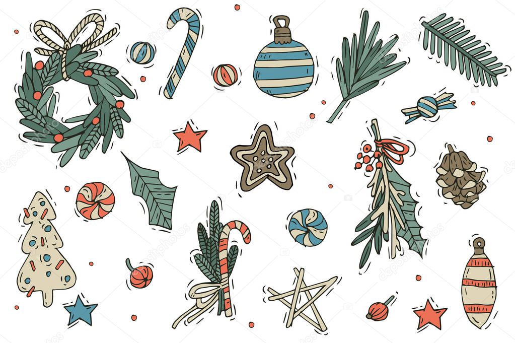 Set of Christmas decorations. Hand draw elements on a white background. Winter holidays design elements