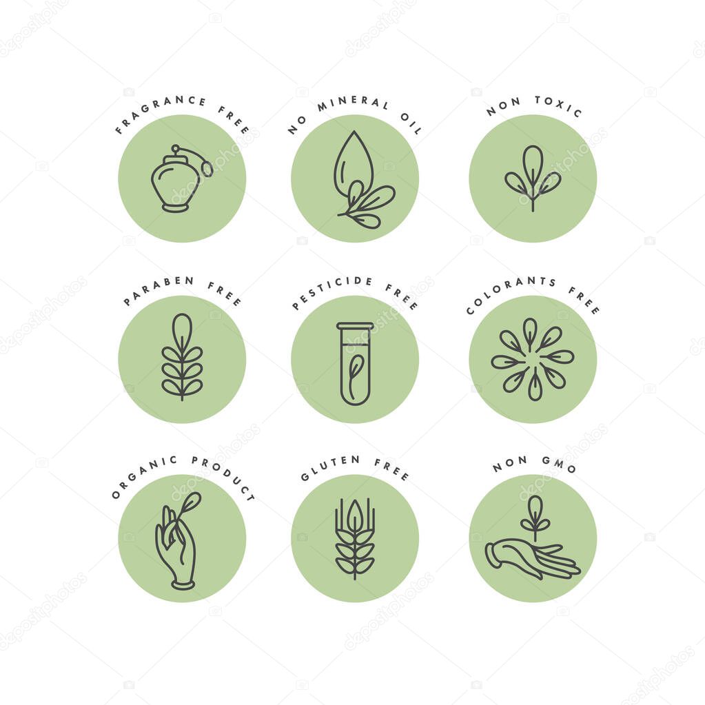 Vector set of logos, badges and icons for natural and organic products. Eco safe sign design. Collection symbol of healthy products.