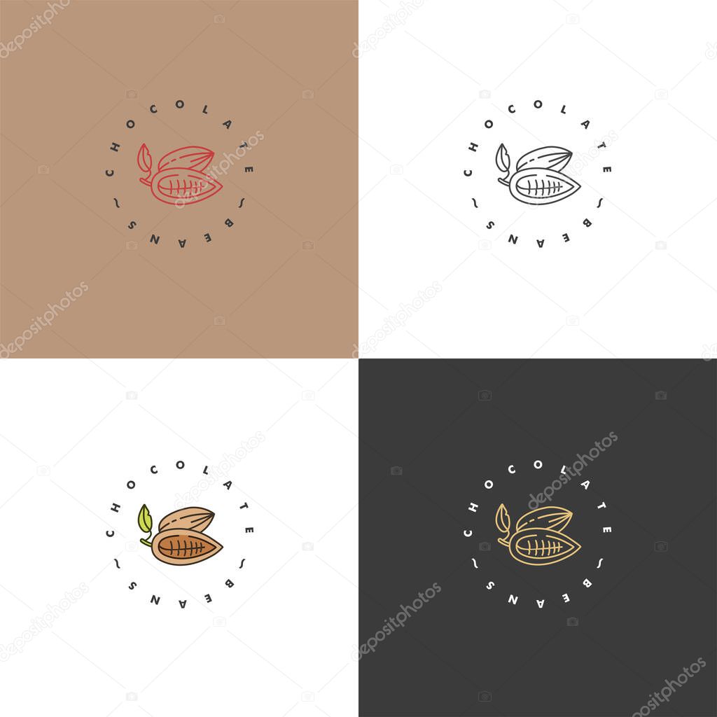 Vector set illustrations of cocoa beans logos. Linear style icons. Chocolate cocoa beans