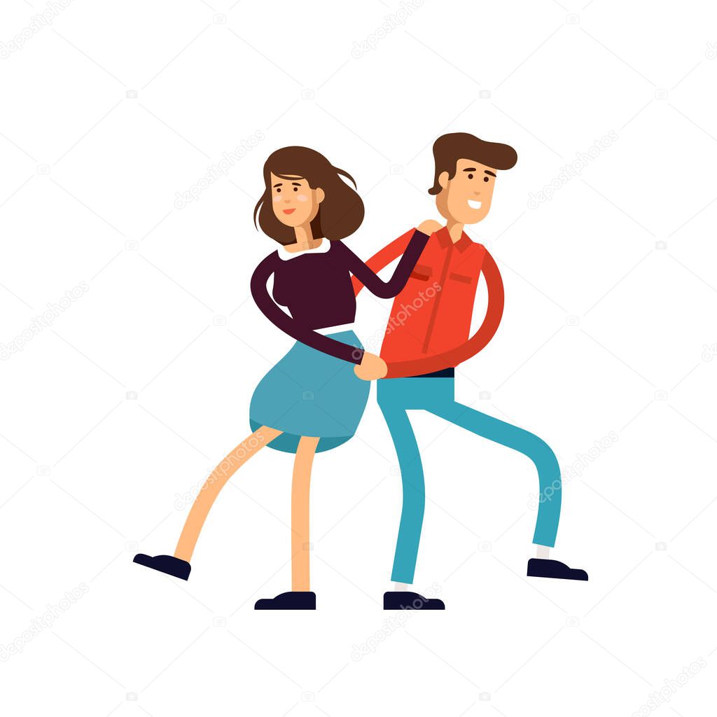 Vector illustration of young female and male characters are dancing in white background.