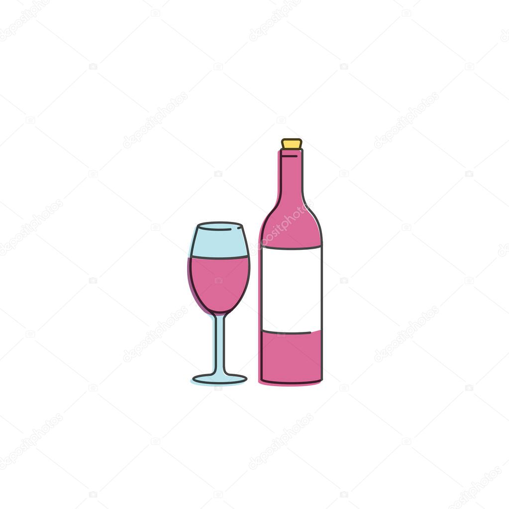 Vector linear illustration of bottle of wine with glass. Wine bar logo sign. Golden color.