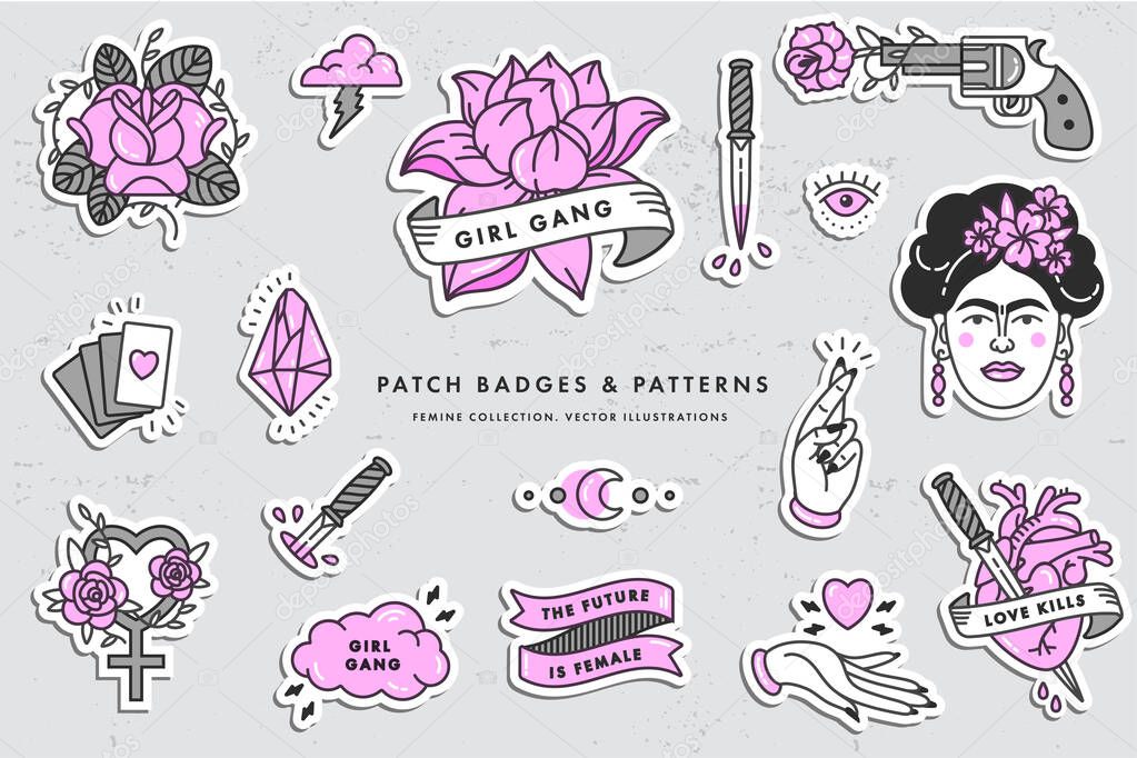 Girl power quote. Icon set fashion symbol with portrait of Frida Kahlo, diamond, roses and feminine symbols. Patch badges. Vector stickers, pins. Feminism slogan. Woman right.