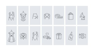 Vektör tasarımı renkli şablonlar ve amblemler - sosyal medya hikaye vurgusu. Beyaz arkaplanda izole edilmiş modaya uygun doğrusal tarzda farklı iç çamaşırı mağazası simgeleri.