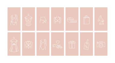 Vektör tasarımı renkli şablonlar ve amblemler - sosyal medya hikaye vurgusu. Beyaz arkaplanda izole edilmiş modaya uygun doğrusal tarzda farklı iç çamaşırı mağazası simgeleri.