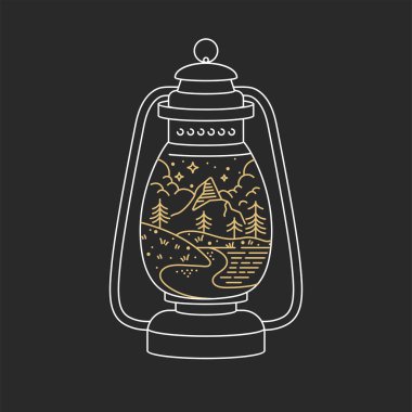 Vektör liear simgesi veya logo dağları. Dağlar manzara ile seyahat amblemi veya yuvarlak rozeti. T-shirt ve baskı için tasarım.