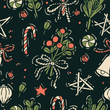 Noel kutlamaları için vektör el çizimi tasarımı. Xmas arkaplanı, afişler, posterler ve diğer basılabilir tablolar. Kış tatili tasarım elementleri