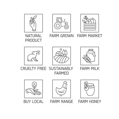 Doğal tarım ve sağlık ürünleri için bir dizi logo, rozet ve simge. Yetişkin ve organik gıdaların toplanma sembolü.