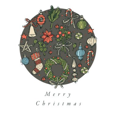 Vektör ele tasarım Noel tebrik kartı renkli renk için çekin. Tipografi ve Xmas arka plan, afiş veya afiş ve diğer printables simgesi. Kış tatil tasarım öğeleri.