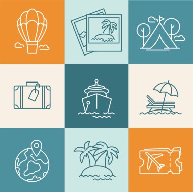 Vektör seti renkli şablonlar ve amblemler - seyahat acentesi ve farklı turizm türleri. Danışman seyahat ikonu. Beyaz arkaplanda izole edilmiş trend doğrusal tarzda logolar.