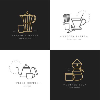 Vector set design colorful templates logos and emblems - coffee shop and cafe. Food icon. Golden labels in trendy linear style isolated on white background. clipart