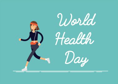 Vektör illüstrasyon kutlama kartı. Dünya Sağlık Günü. Femmel fiziksel egzersiz, fitness antrenmanı, spor..