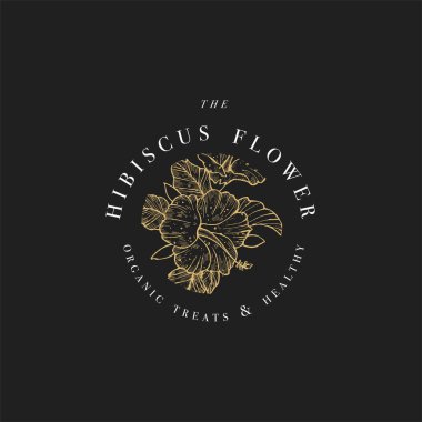 El çizimi vektör amfibik çiçek logosu çizimi. Çiçek çelengi. Siyah arkaplanda tipografi olan botanik çiçek amblemi.