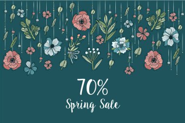 Vektör el bahar satış kartı renkli renk için çiçek tasarım çizin. Arka plan, afiş veya afiş ve diğer printables tipografi ve simge özel satış için teklif.