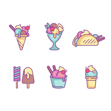 Vektör seti rengarenk şablonlar logo ve amblemler - dondurma ve dondurma. Farklı dondurma ikonları. Beyaz arkaplanda izole edilmiş trend doğrusal tarzda logolar.