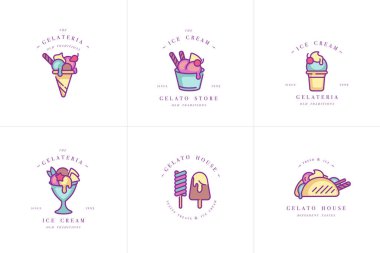 Vektör seti rengarenk şablonlar logo ve amblemler - dondurma ve dondurma. Farklı dondurma ikonları. Beyaz arkaplanda izole edilmiş trend doğrusal tarzda logolar.