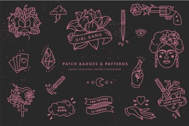 Girl power quote. Icon set fashion symbol with portrait of Frida Kahlo, diamond, roses and feminine symbols. Patch badges. Vector stickers, pins. Feminism slogan. Woman right. clipart