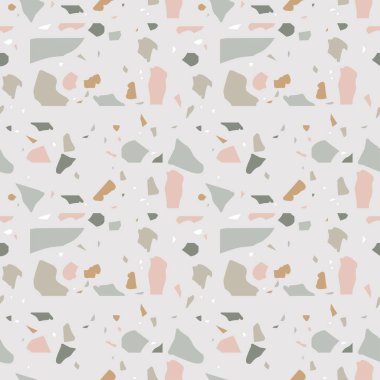 Vektör terrazzo dokusu. Renkli taş modayla ya da soyut şekillerle kusursuz bir desen. Kumaş baskısı, ambalaj kağıdı, duvar kağıdı, döşeme için renkli kolaj çizimi.