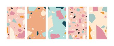 Vektör dizayn edilmiş renkli şablonlar - sosyal medya hikayeleri duvar kağıtları. Renkli kaya parçalarıyla terranzzo desenleri. Renkli çağdaş doku demeti.