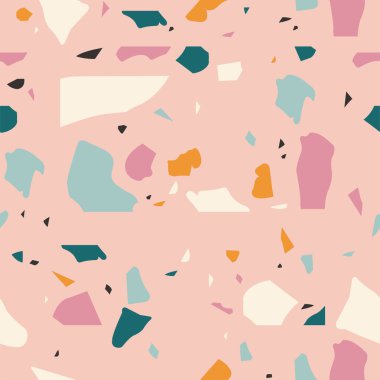 Vektör terrazzo dokusu. Renkli taş modayla ya da soyut şekillerle kusursuz bir desen. Kumaş baskısı, ambalaj kağıdı, duvar kağıdı, döşeme için renkli kolaj çizimi.