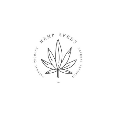 Marihuana yaprağı. Tıbbi esrar. Kenevir yağı. Esrar özü. Simge ürün etiket ve logo grafik şablonu. İzole vektör çizim