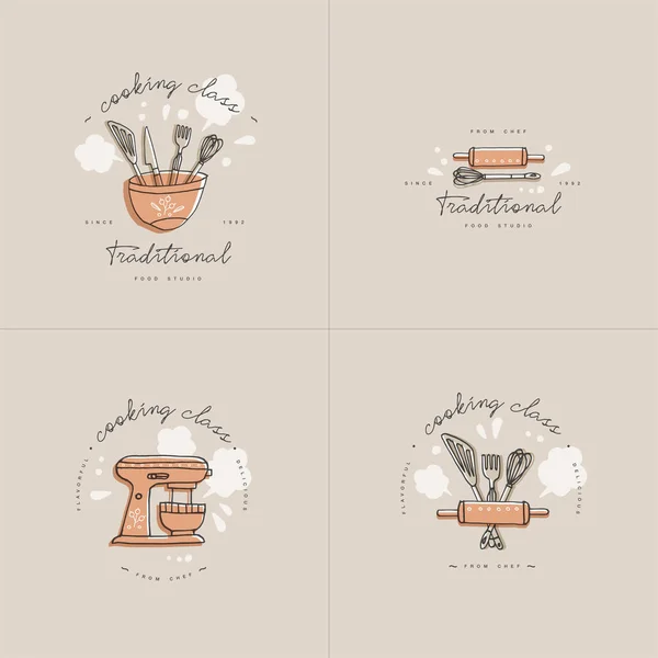 Cooking class linear design elements, set of kitchen emblems, symbols, icons or food studio labels and badges collection. Cooking courses signs template or logo, identity, culinary school. — Stock Vector