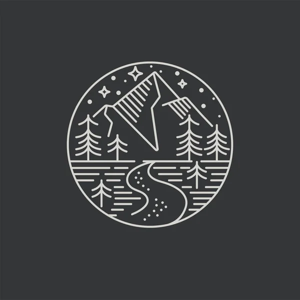 Icône vectorielle ou logo des montagnes. Emblème ambulant ou badge rond avec paysage montagneux. Conception pour t-shirt et impression . — Image vectorielle