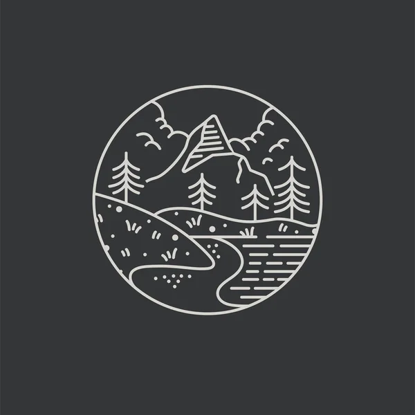 Icône vectorielle ou logo des montagnes. Emblème ambulant ou badge rond avec paysage montagneux. Conception pour t-shirt et impression . — Image vectorielle