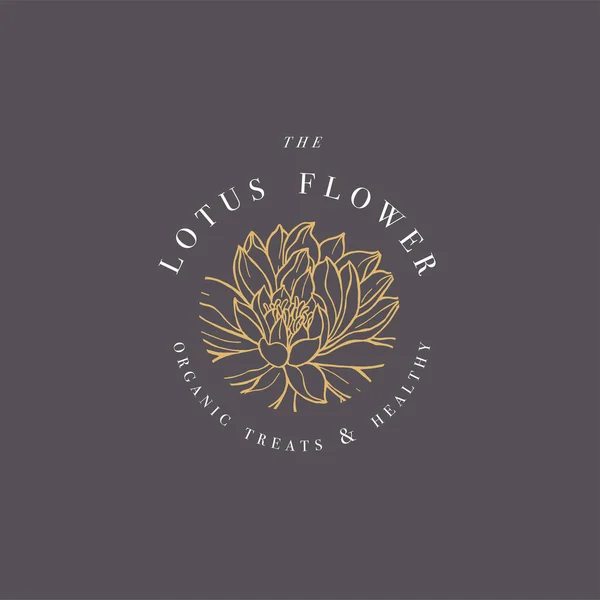 Dessin à la main vectoriel lotus fleurs logo illustration. Une couronne florale. Emblème floral botanique avec typographie sur fond blanc avec nénuphar. — Image vectorielle