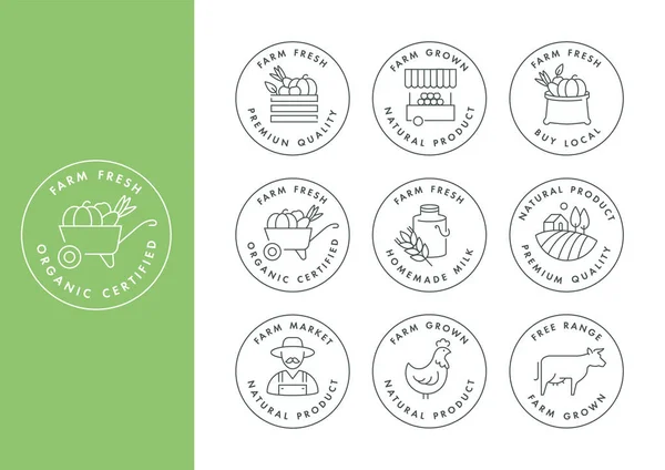 Conjunto vetorial de logotipos, crachás e ícones para produtos agrícolas e de saúde naturais. Símbolo de coleção de comida cultivada localmente e orgânica. —  Vetores de Stock