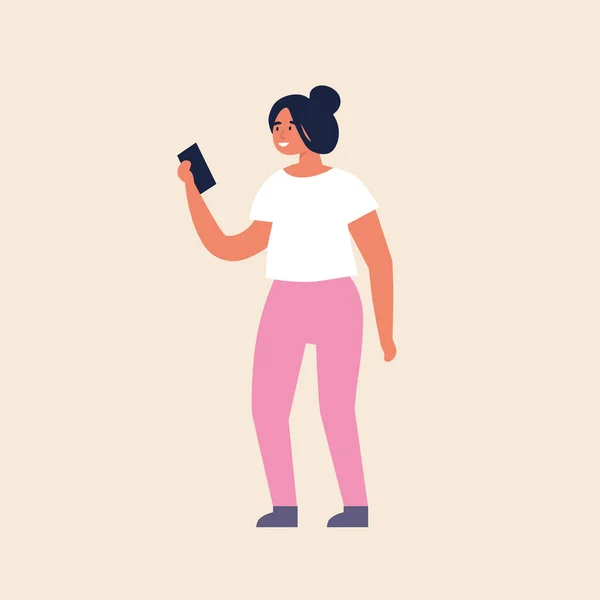 Vector illustratie jong meisje staande en met behulp van mobiele apparaat. — Stockvector