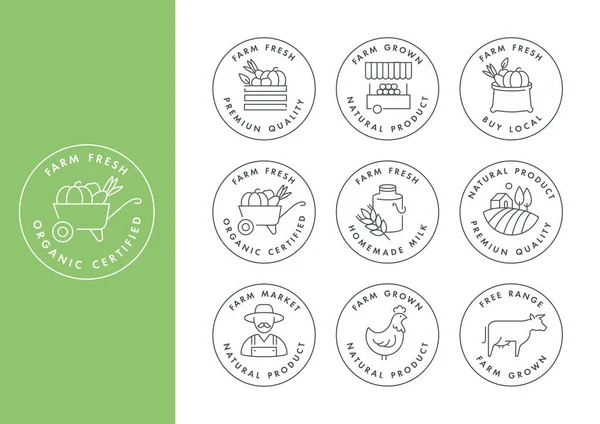 Conjunto vetorial de logotipos, crachás e ícones para produtos agrícolas e de saúde naturais. Símbolo de coleção de comida cultivada localmente e orgânica. —  Vetores de Stock