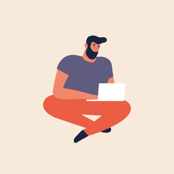 Векторная иллюстрация молодой человек, сидящий на земле и работающий над ноутбуком. Женщина-фрилансер . — стоковый вектор