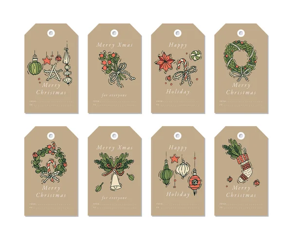 Diseño lineal vectorial elementos de felicitación navideños sobre fondo de papel artesanal. Set de etiquetas navideñas con tipografía e icono colorido . — Vector de stock