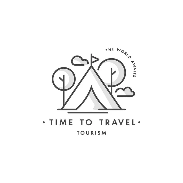 Projekt wektorowy kolorowe logo szablonu lub godło - biuro podróży i różne rodzaje turystyki. Ikona turystyki pieszej. Logo w modnym stylu liniowym odizolowane na białym tle. — Wektor stockowy