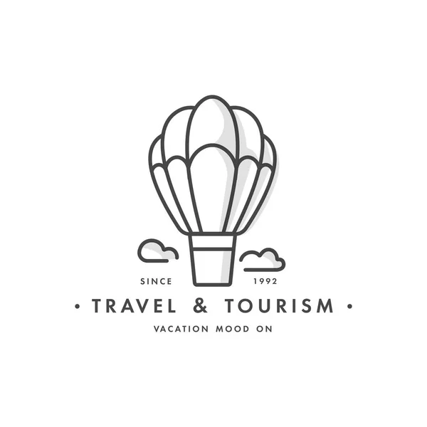 Vektör seti renkli şablonlar ve amblemler - seyahat acentesi ve farklı turizm türleri. Balon seyahat ikonu. Beyaz arkaplanda izole edilmiş trend doğrusal tarzda logolar. — Stok Vektör