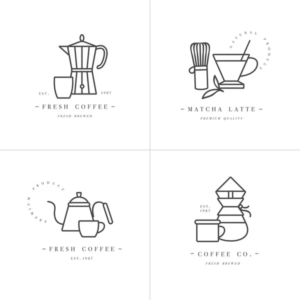 Vektor set design färgglada mallar logotyper och emblem - café och café. Matikon. Etiketter i trendig linjär stil isolerad på vit bakgrund. — Stock vektor