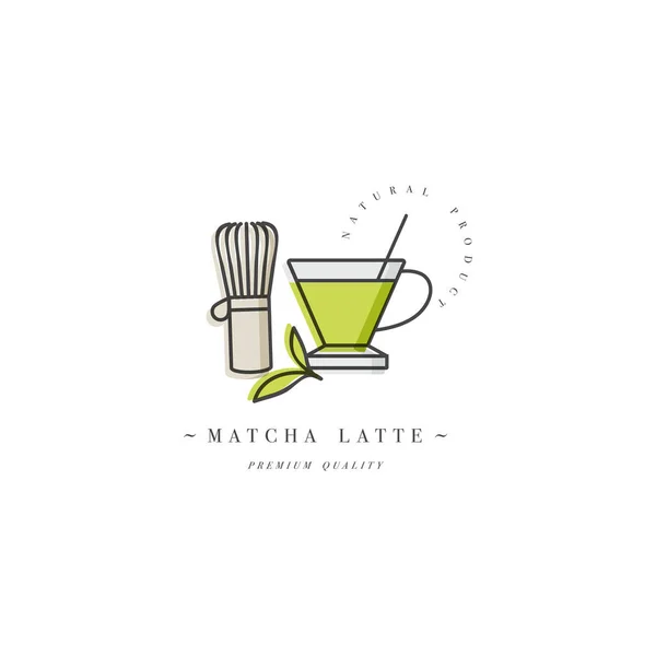 Vektorový design barevné šablony logo nebo znak - káva matcha latte. Ikona jídla. Popisek v módním lineárním stylu izolovaný na bílém pozadí. — Stockový vektor