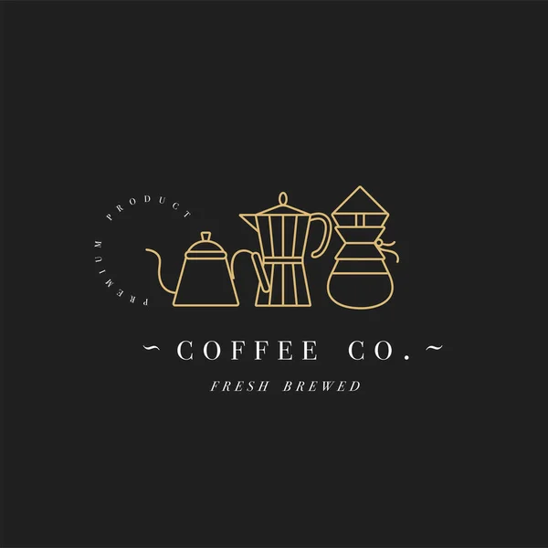 Vektorový design barevné šablony logo nebo znak - kavárna a kavárna. Ikona jídla. Zlatý štítek v módním lineárním stylu izolovaný na bílém pozadí. — Stockový vektor